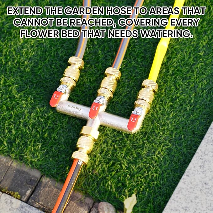 Heavy Duty Brass Garden Hose Splitter - 3-Way 3/4" GHT Thread, High Flow Faucet Splitter, Water Hose T Spigot Splitter with Shutoff Valves, Water Adapter & Connector-Long Metal Handle