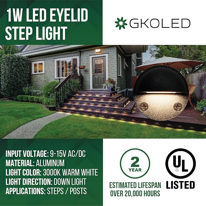 GKOLED 16-Pack Low Voltage LED Deck Light Fixture, Mini Size Eyelid Step Lights with 0.8W 3000K Integrated LED Chips, IP65+ Waterproof for Outdoor, Die-cast Aluminum with Powder Coated Finish