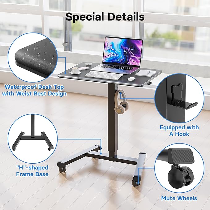 BONTEC Mobile Standing Desk Adjustable Height, Rolling Laptop Cart with Hook, Portable Workstation with Pneumatic Lift, Ergonomic Table with Wheels, Compact Home Office Desk, Black 25.6" x 17.7"