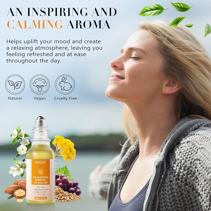 Helichrysum Essential Oil Roll On 20ml - Natural Helichrysum Oil Blend Roller for Aromatherapy & Skin Vitality, Massage, Happy, Relaxation, Stress Relief, Skin Care