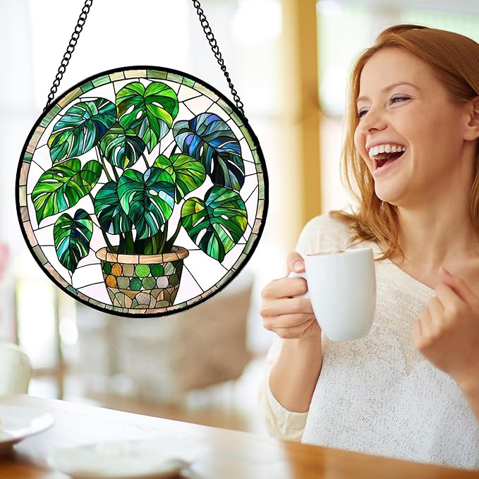 Stained Glass Window Hanging, Green Plant Monstera t Suncatcher Diamond Colorful Glass Panel Sun Catchers Decor for Birthday for Women, Men, Wife, Aunt, and Mom 14.9x14.9 in
