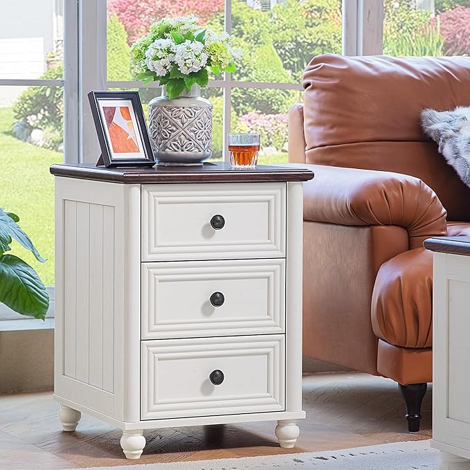 18" Farmhouse Nightstand Set 2 with Charging Station and USB Port, White Night Stand with 3 Drawers, Wood Bedside End Table with Storage, Bed Side Tables for Bedroom Living Room and Closet