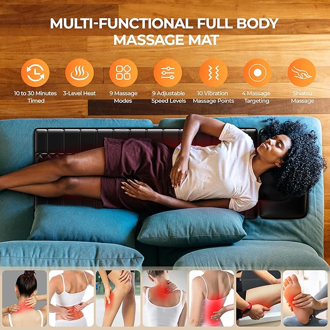 Shiatsu Full Body Massage Mat with Heat, Detachable Massager Pad, 10 Vibrating Motors, 9 Intensity Levels, Deep Tissue Pain Relief for Back, Neck & Legs – Relaxation at Home or Office