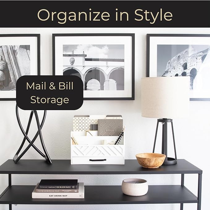 BLU MONACO Mail Organizer Countertop Kitchen – White Wood Desk Storage with Drawer – Mail Sorter or Bill Holder for Desk – Farmhouse Accessories & Mail Basket for Counter