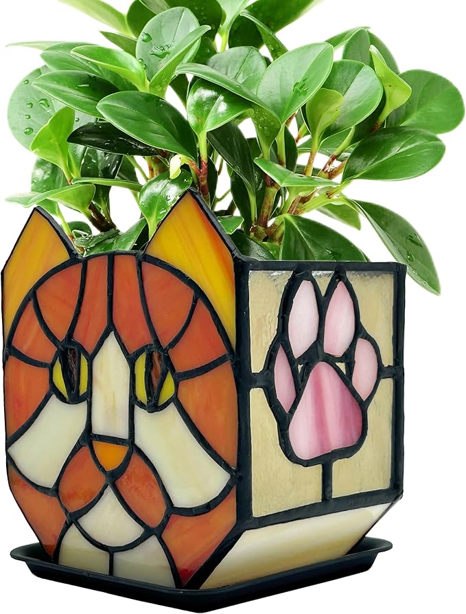 Stained Glass Orange Cat Planter,Indoor Flower Pots with Drainage,Cute Succulent Planter,Unique Orange Cat Flower Pot,Gifts for Plant Lovers 4.6x3x5.15 in