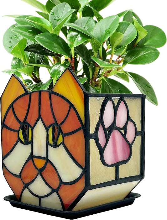 Stained Glass Orange Cat Planter,Indoor Flower Pots with Drainage,Cute Succulent Planter,Unique Orange Cat Flower Pot,Gifts for Plant Lovers 4.6x3x5.15 in