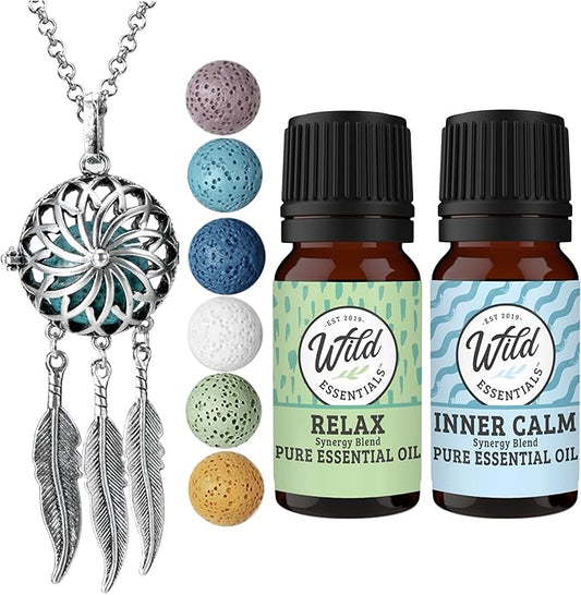 Wild Essentials Dream Catcher Essential Oil Diffuser Necklace Gift Set with Inner Calm & Relax Oils – Nickel Free Alloy Pendant with 6 Lava Stones – USA Made Oils & Perfume Necklace – Family Company