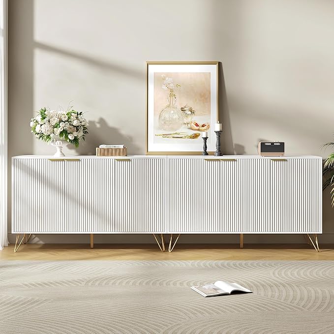 TV Stand for 90 inch TV Modern Entertainment Center Cabinet with 6 Doors Wood Media Console Storage Cabinets for Living Room Bedroom, White