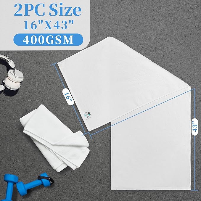 White Workout Towels for Gym (2PC, 16"x43") - 100% Cotton, Breathable, Soft & Absorb - Sweat Towel for Men & Women, Sports Hand Towel for Yoga, Shower, Tennis, Running, Exercise & Fitness