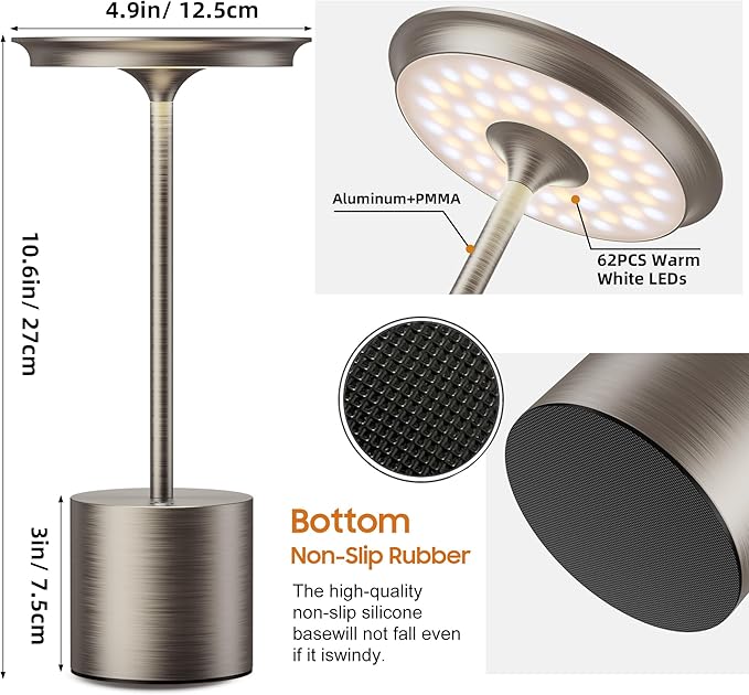 Cordless Table Lamp, Portable Rechargeable 6000mAh Outdoor Table Lamp, 3 Color Stepless Dimming Battery Powered Lamp, LED Table Light for Dinner/Bedroom/Restaurant/Outdoor (Silver)