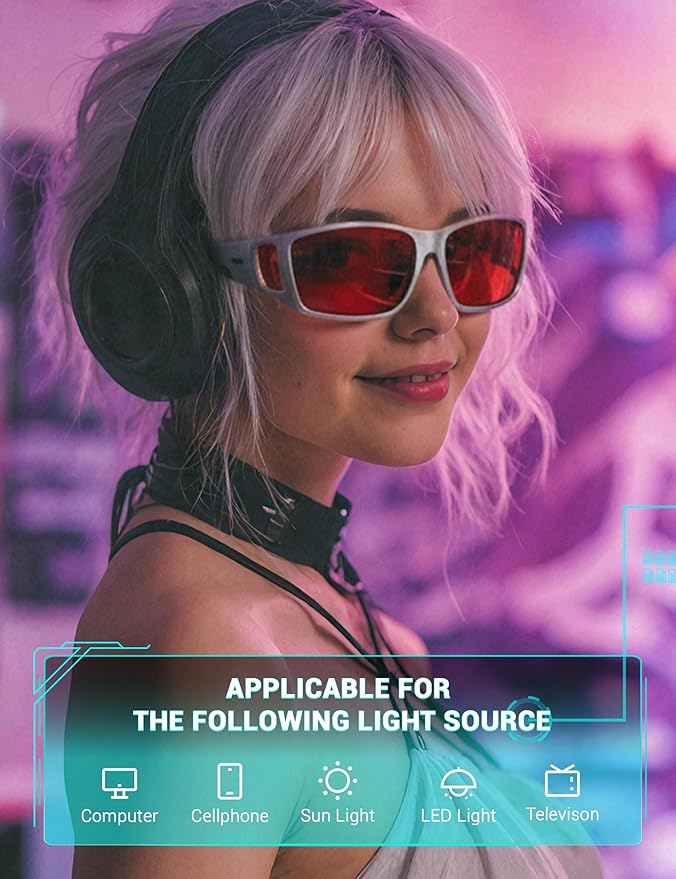 TIJN Sonia Sleep Glasses for Blue & Green Light Blocking,Red Lens with Dual AR Coating,Wraparound Frame for Gaming Screen