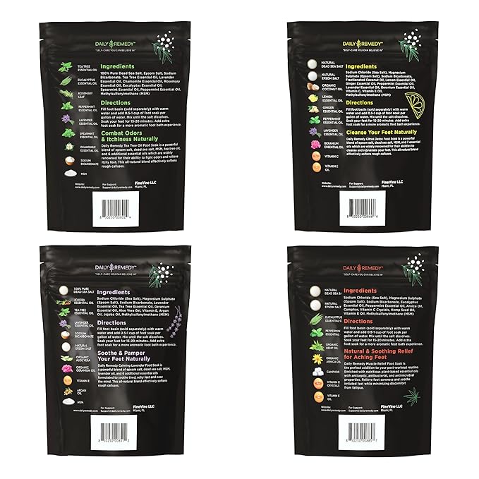 DAILY REMEDY Foot Soak Salts- Variety Pack of 4- Tea Tree Oil, Muscle Relief, Calming Lavender & Citrus Soak- For Foot Pain, Soreness, Athlete’s Foot, Odors, Calluses-Made In USA