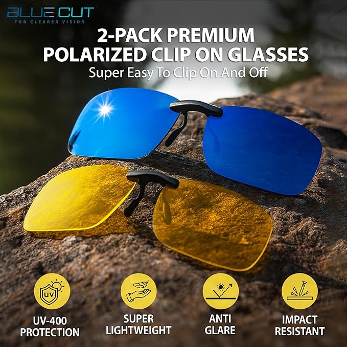 BLUE CUT Clip on Polarized Night Vision, Driving Sunglasses UV 400 Blocker To Wear Over Prescription Glasses