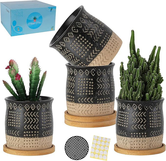 TAMAYKIM 4 Inch Ceramic Boho Plant Pots with Drainage Hole and Saucers, Black Retro Totem Design Small Flower Planters for Indoor Plants, Succulent, Aloe, Cactus and Herbs, Set of 4