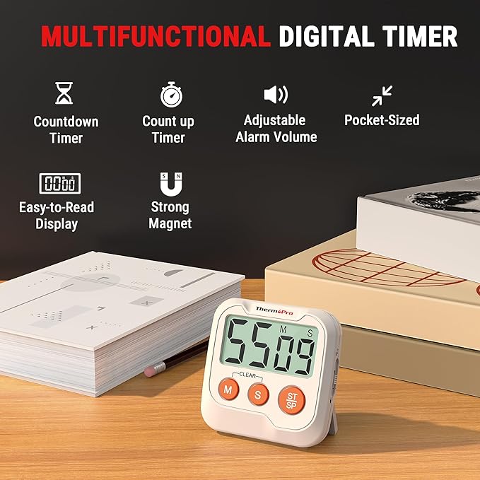 ThermoPro TM03 Digital Timer for Kids & Teachers, Kitchen Timers for Cooking with 2-Level Alarm Volume, Countdown Timer Stopwatch for Classroom Supplies, Exercise, Baking, Playtime or Work, 2-Pack