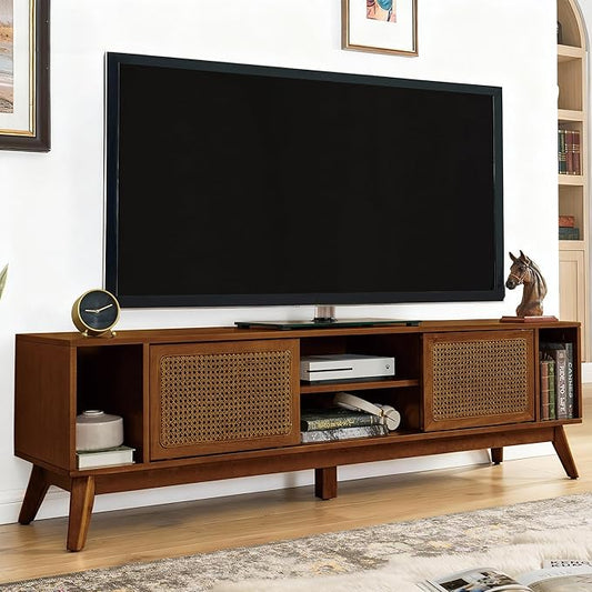 LKTART 68 Inch Mid Century Modern TV Stand with Rattan Doors, MCM Entertainment Center Media Console for 60/65/70/75 inch TVs, Long Boho Television Stand for Living Room, Light Walnut
