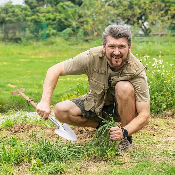 Berry&Bird Perennial Shovel, 21.6'' Pointed Head Garden Spade with Sharp Blade Wood Hand Shovel, Stainless Steel Long Trowel Gardening Tool for Roots, Planting, Digging, Transplanting and Cutting
