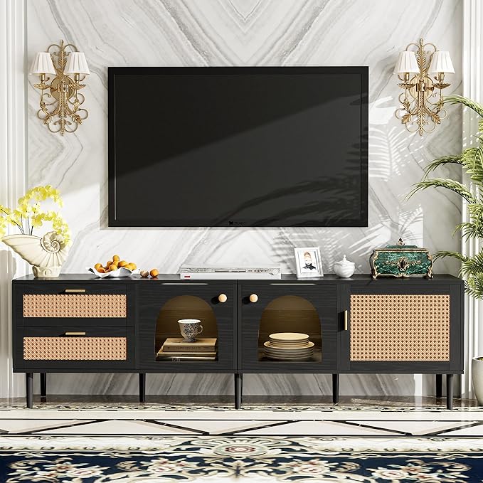 Rattan TV Stand for 75 Inch TV, Modern Farmhouse Media Console with Solid Wood Legs, Multi-Functional Storage & Cable Management, Easy Assembly Entertainment Center for Living Room Home