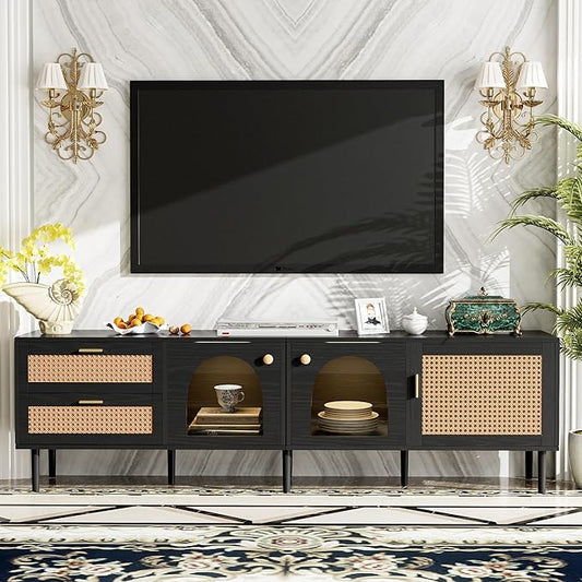 Rattan TV Stand for 75 Inch TV, Modern Farmhouse Media Console with Solid Wood Legs, Multi-Functional Storage & Cable Management, Easy Assembly Entertainment Center for Living Room Home