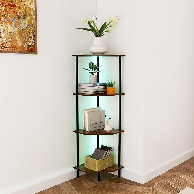 Corner Shelf Stand, Storage Standing Shelf Unit with Metal Frame, Narrow Bookshelf with LED Light Brown Plant Display Stand, Multi Unit Organizer Corner Cabinet for Bedroom, Living Room (4 Tier)