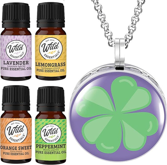 Wild Essentials Four Leaf Clover Necklace Essential Oil Diffuser Kit, Lavender, Lemongrass, Peppermint, Orange Oils, 8 Refill Pads, Calming Aromatherapy Gift Set, Customizable, Perfume, Luck
