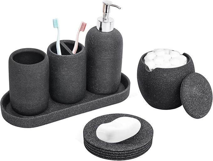 Resin Bathroom Accessory Set - 6PCS Bathroom Accessories Set, Bath Vanity Countertop Accessories with Soap Dish, Lotion Dispenser, Toothbrush Holder, Toothbrush Cup, Vantiy Tray, Qtip Holder (Black)