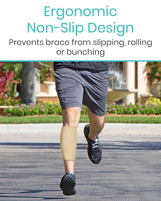 Vive Calf Brace - Adjustable Shin Splint Support - Lower Leg Compression Wrap Increases Circulation, Reduces Muscle Swelling - Calf Sleeve for Men and Women - Pain Relief (Beige)