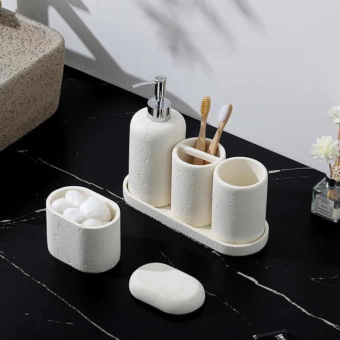 Bathroom Accessories Set, 5PCS Modern Bathroom Accessory Set with Soap Dispenser, Mouthwash Cup & Toothbrush Holder, Qtip Holder, Tray