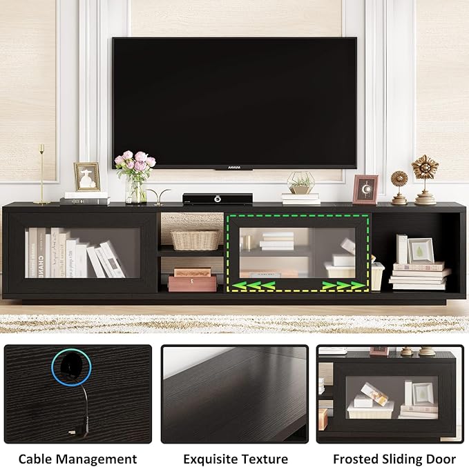 HSH Black TV Stand 70 Inch，Modern TV Console for Living Room and Under TVs Cabinet with Storage,Entertainment Center with Sliding Doors for 75" TVs,Media Console for Bedroom