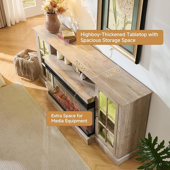 ROCKPOINT 3 Sided Glass 70" Fireplace TV Stand for TVs up to 80inch, Media Entertainment Center with Glass Door Storage Cabinet,36" Electric Fireplace with LED Light and Flame Colors,Grey