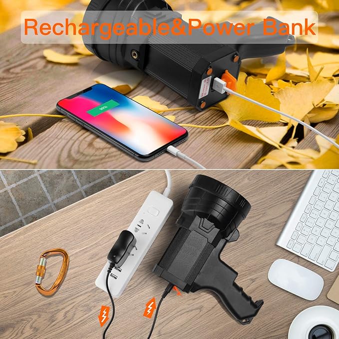 BUYSIGHT Rechargeable Spotlight, 1000,000 -Lumen Spot Lights Hand held Large Flashlight Handheld Spotlight Lightweight and Super Bright Flashlight (Aluminium_Alloy Black)