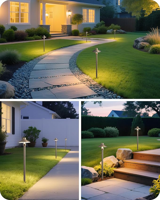 EDISHINE Solid Brass Low Voltage Pathway Lights Wired, 22" Tall 6" Shade with G4 Bulb, 12V 350LM 3000K Heavy Duty LED Landscape Lighting, Waterproof Outdoor Landscape Path Light with Large Stake 4Pack