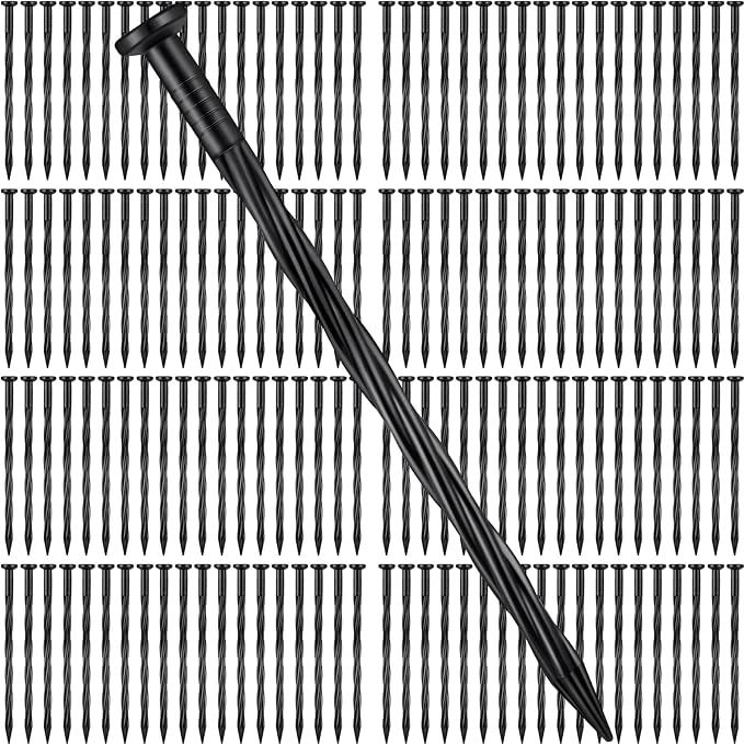 Handepo 250 Pcs 8 Inch Landscape Edging Spikes Plastic Lawn Stakes Anchoring Nails Spiral Nylon Garden Ground Lawn Artificial Nails for Paver Edging Weed Barriers Tent Construction(Black)