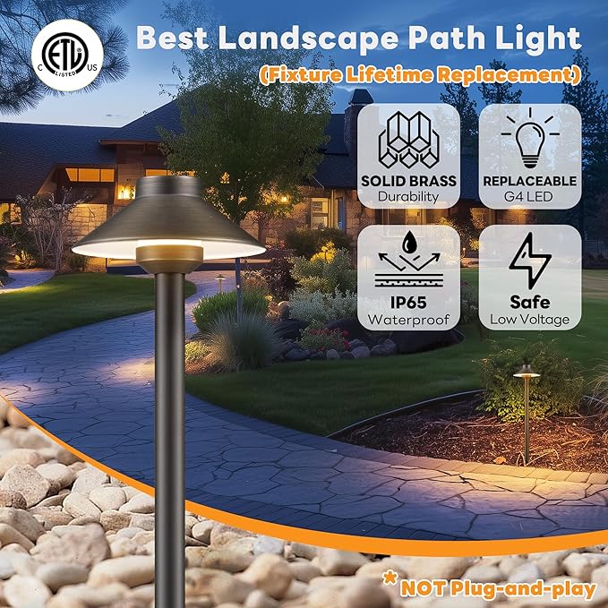 Low Voltage Landscape Lighting Brass - 12v Pathway Lights IP65 Waterproof, Hard Wired Path Light Outdoor, Mushroom-top Bronze for Exterior Area Patio House G4 Bulb Not Included (4 Pack)