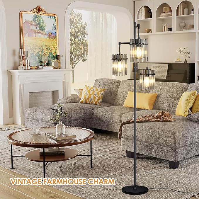 Industrial Floor Lamps for Living Room, Dimmable Floor Lamp Modern Standing Lamps with Glass Lampshade, Rotary Switch, LED Bulbs, Tall Lamps for Bedroom, Office (3 Lampshades(66inch))