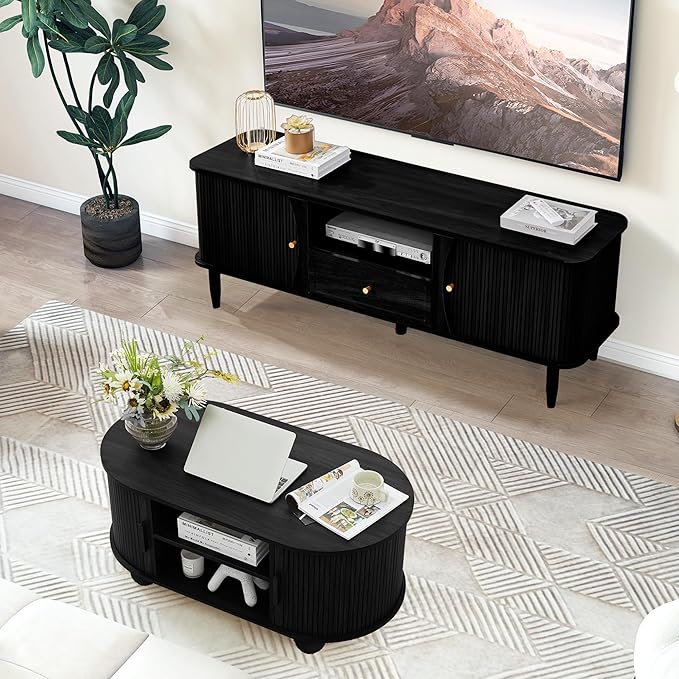 TV Stand, Media Console Table with Drawer and Sliding Door, Modern Entertainment Center with Storage for Living Room, Bedroom, Home Office (Black with 1 Drawer)