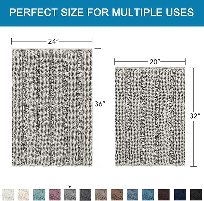 H.VERSAILTEX 2 Piece Bathroom Set - Super Absorbent Chenille Striped Bath Mats, Non Skid, Machine Washable (Dove Grey, 24 x 36 Plus 20 x 32 - Inches)