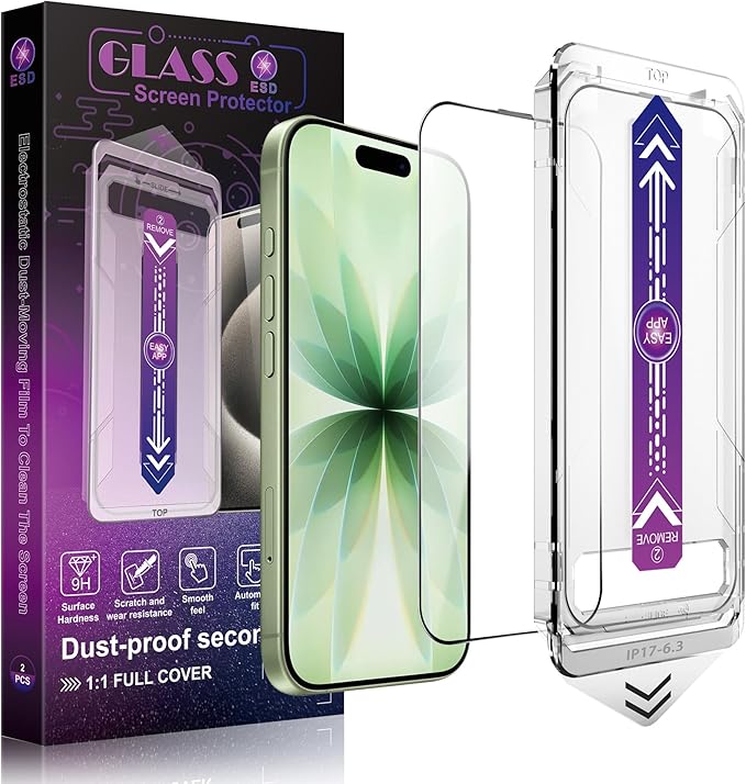 Screen Protector for iPhone 17, iPhone 16 Pro 6.3-Inch, 2 Pack, 9H Tempered Glass, HD Clear, Full Cover, Anti-Fingerprint, Easy Installation