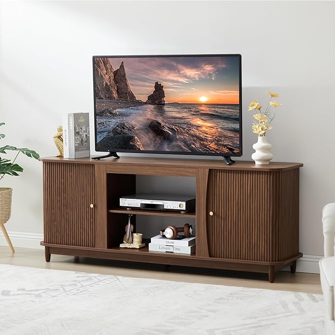 TV Stand, Fluted Media Console Table with Storage and Sliding Door, Farmhouse Entertainment Center for Living Room, Home Office (Walnut-No Fireplace)