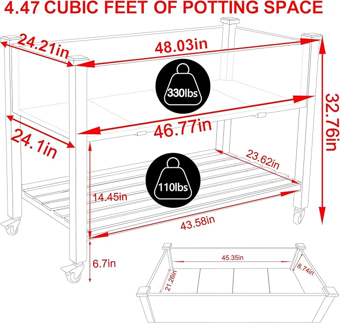 48.03x24.21x32.76in Raised Garden Bed Featuring Legs, Outdoor Elevated Wood Planted Box Equipped with Wheels & Shelf for Vegetable, Flower, Backyard and Patio, Natural