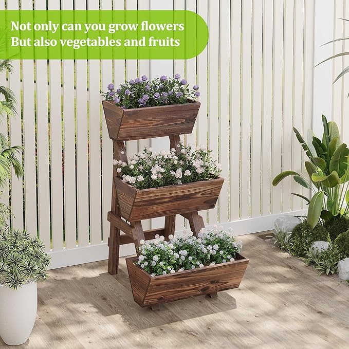 3-Tiers Wooden Raised Garden Bed Tiered Planter Box Vertical Garden Planter Wood Plant Stand for Patio, Balcony, Freestanding (Carbonized S)