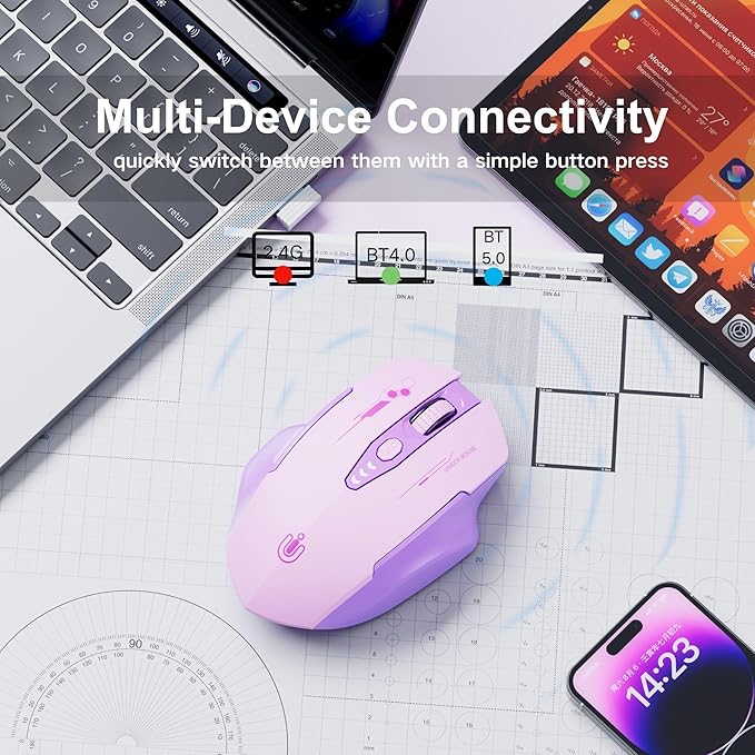 Uineer Wireless Bluetooth Mouse,[Upgraded] Rechargeable Computer Mice (BT 5.0/4.0+2.4G Hz) with Visible Battery Level, 4 Adiustable DPl, Portable PC Mouse for MacBook Chromebook,Purple