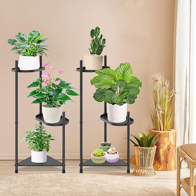 3 Tier Plant Stand Indoor Tall, Black Corner Tiered Plant Stand for Indoor Multiple Plants, Metal Flower Pot Stands Outdoor Holders Plant Shelf Display Rack for Balcony Living Room Garden