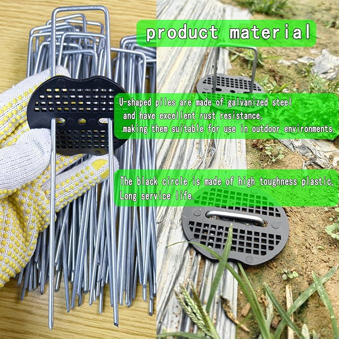 200Pcs Landscape Staples with 200 Gasket with 1Pick Hook, 6 Inch Heavy Duty Garden Stakes 11 Gauge U Shaped Galvanized Lawn Pins for Weed Barrier Fabric