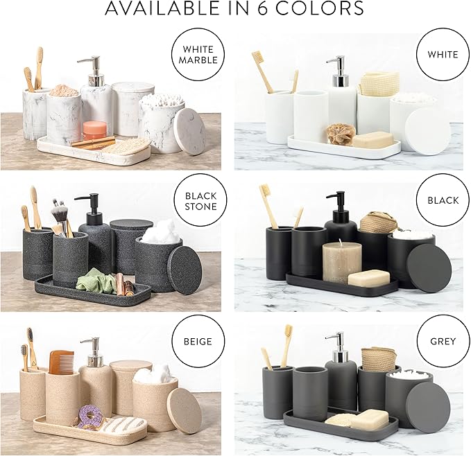 ZCCZ Black Matte Bathroom Accessories Set 6 Pieces - Toothbrush Holder, Lotion Dispenser, Qtip Container, Vanity Tray, Tumbler - Countertop Organizer for Bathrooms - Elegant and Functional Décor Set