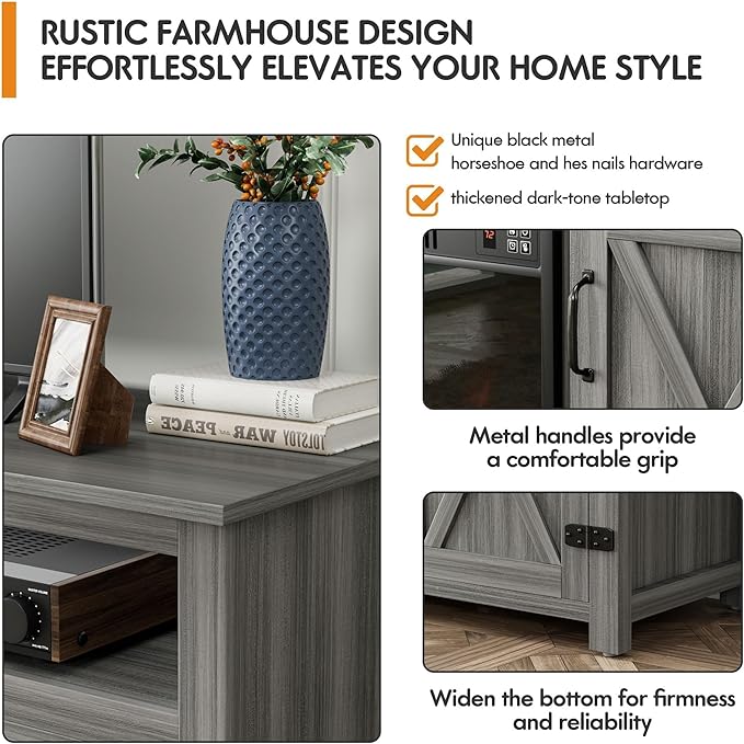 YESHOMY Fireplace TV Stand for Television up to 65+ Inch with Storage and Farmhouse Barn Doors, Entertainment Center with Cabinet and Shelves, Media Console for Living Room, Gray Wash