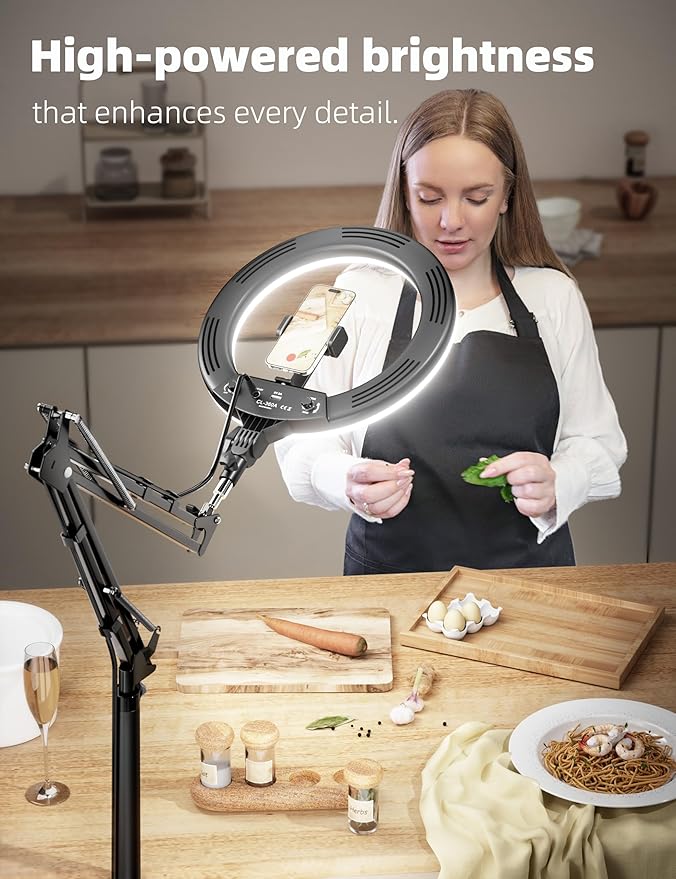 Ring Light Overhead Phone Mount,14'' LED Ring Light with Stand and Phone Holder,CRI Max 96 Professional for Video Recording,Live Streaming,Cooking and Content Creation(66.9High)