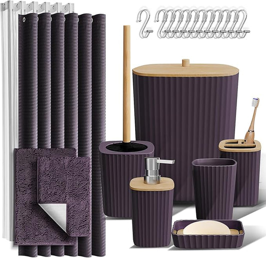 Clara Clark Bathroom Accessories Set - Purple Bathroom Set, Bathroom Sets with Shower Curtain and Rugs, 22PC Shower Curtain Set with Trash Can
