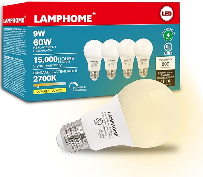 LAMPHOME 4-Pack Soft White LED Bulbs - Ideal for Bedroom & Living Room, 60W Equivalent, 2700K, 9W, 15000-Hour Life, E26 Base