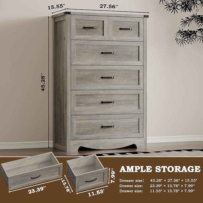 Tall 6-Drawer Dresser for Bedroom, Modern Wooden Chest of Drawers with Metal Handles, Anti-Tipping Design, Sturdy and Stable Storage Organizer for Living Room, Entryway, Home Office, Standard